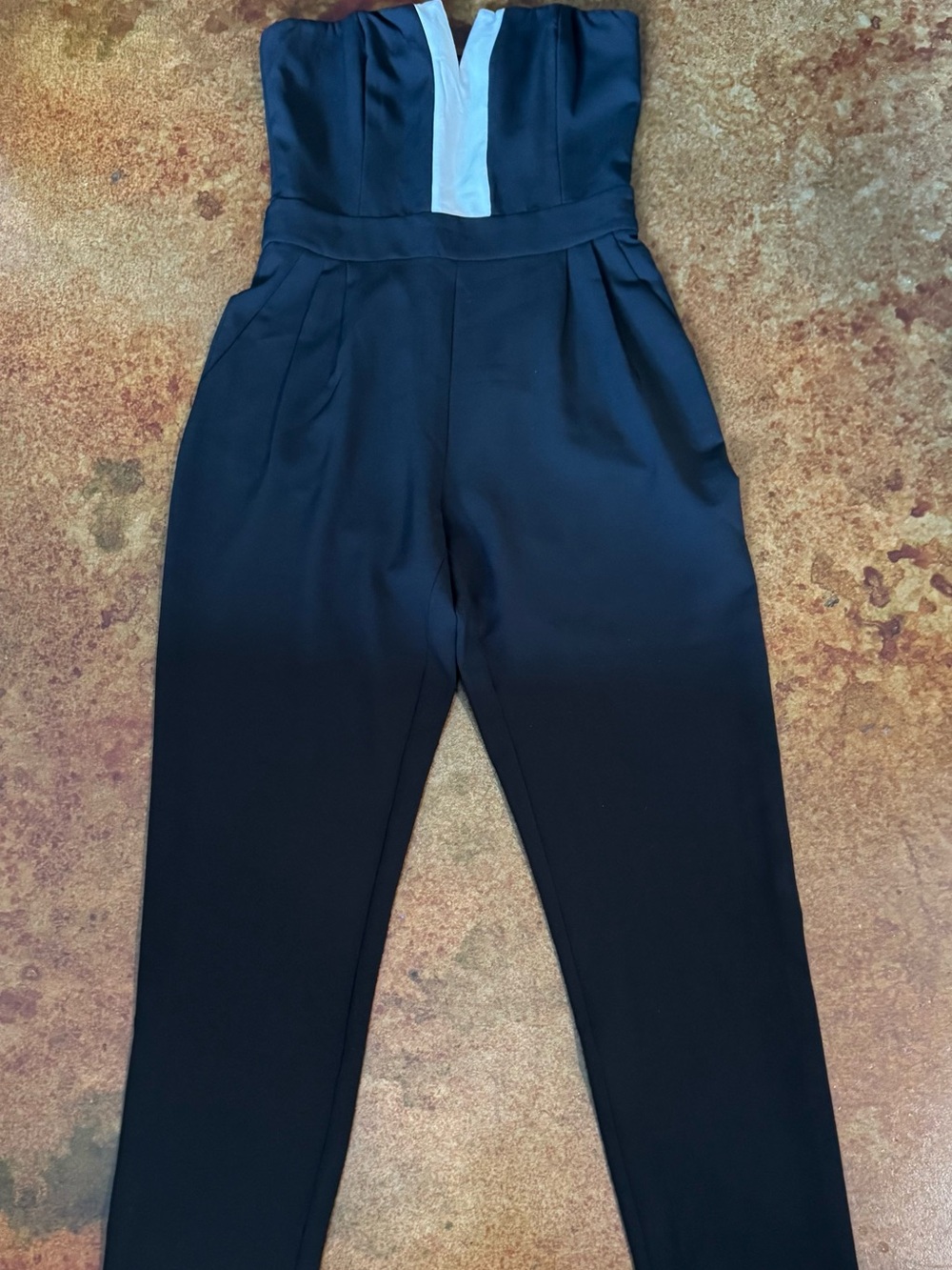 Kardashian Kollection Black Strapless Jumpsuit with White V-Front